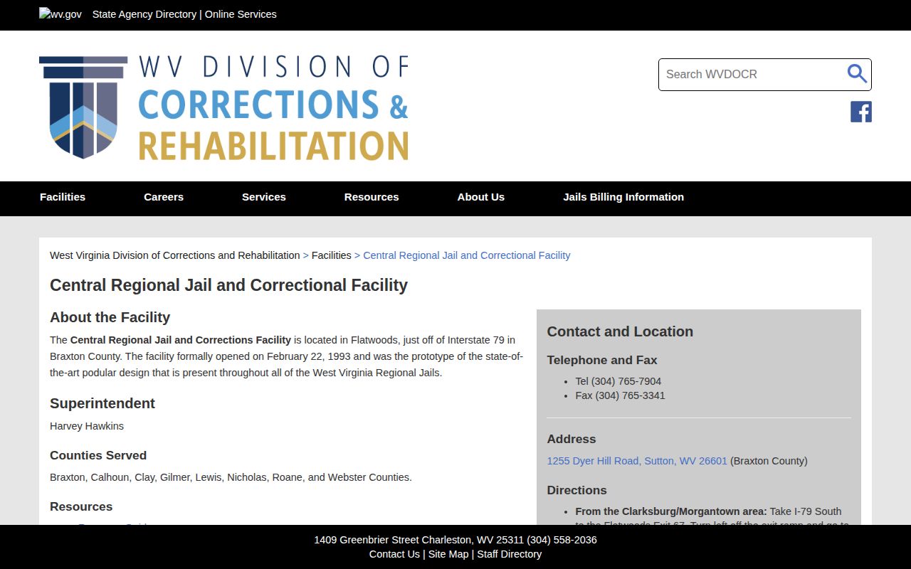 Official Central Regional Jail and Correctional Facility page listing Roane County